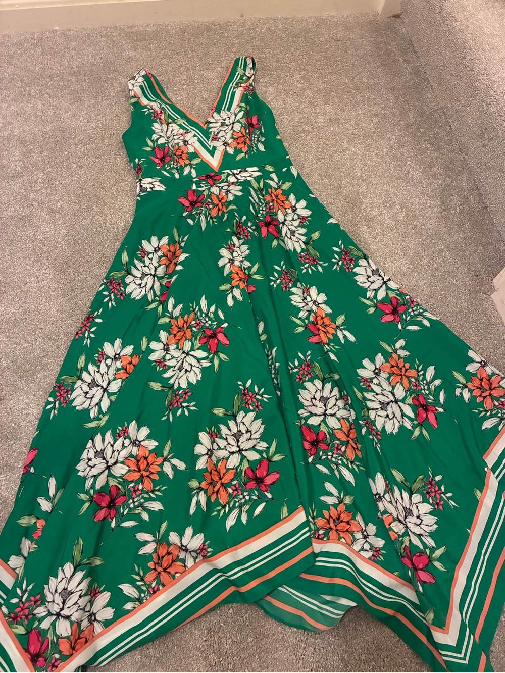 Vince Camuto Green Floral V-Neck Maxi Dress with Pink & Orange Accents